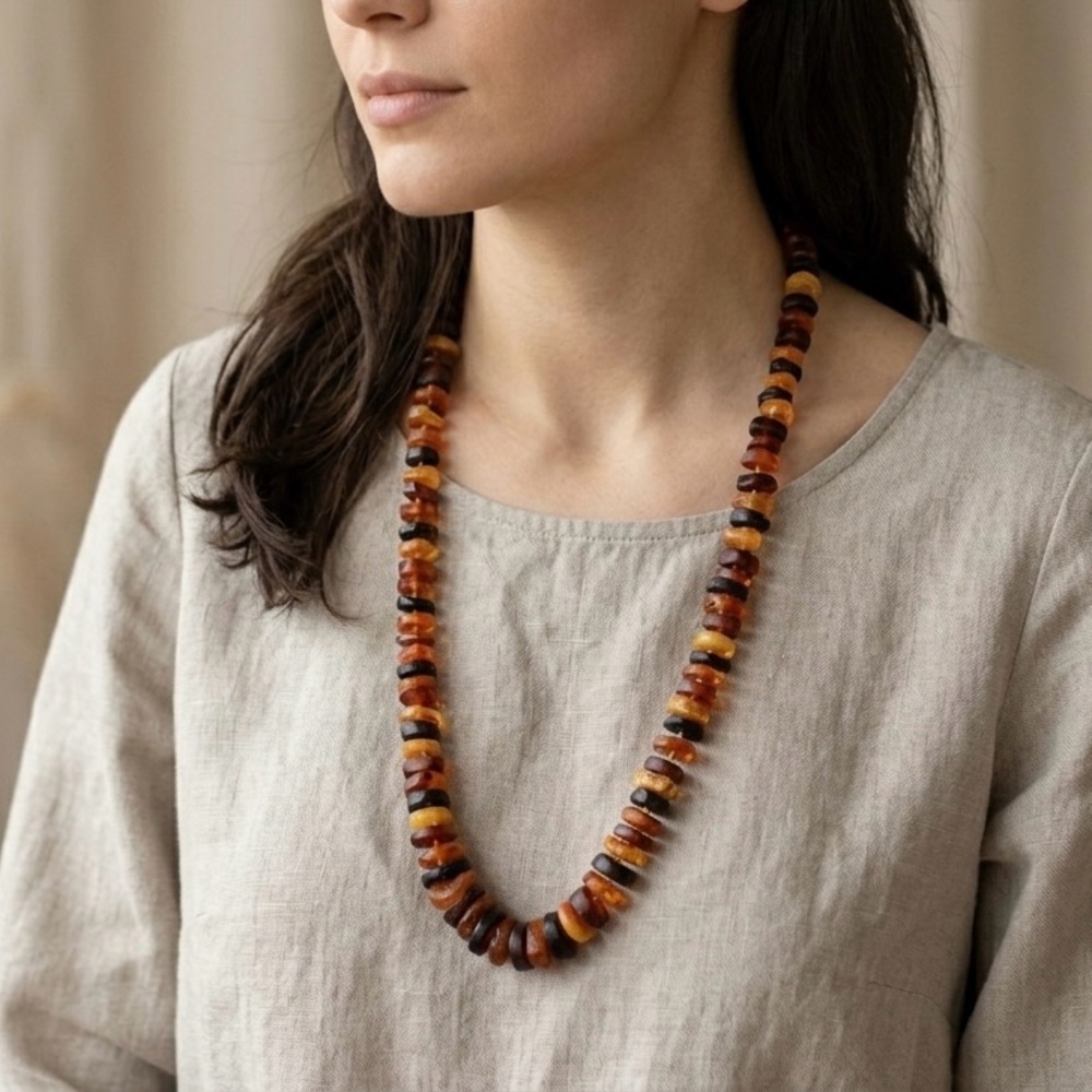 WT Genuine Baltic Amber Disk Necklace - Tri-Color Organic Statement